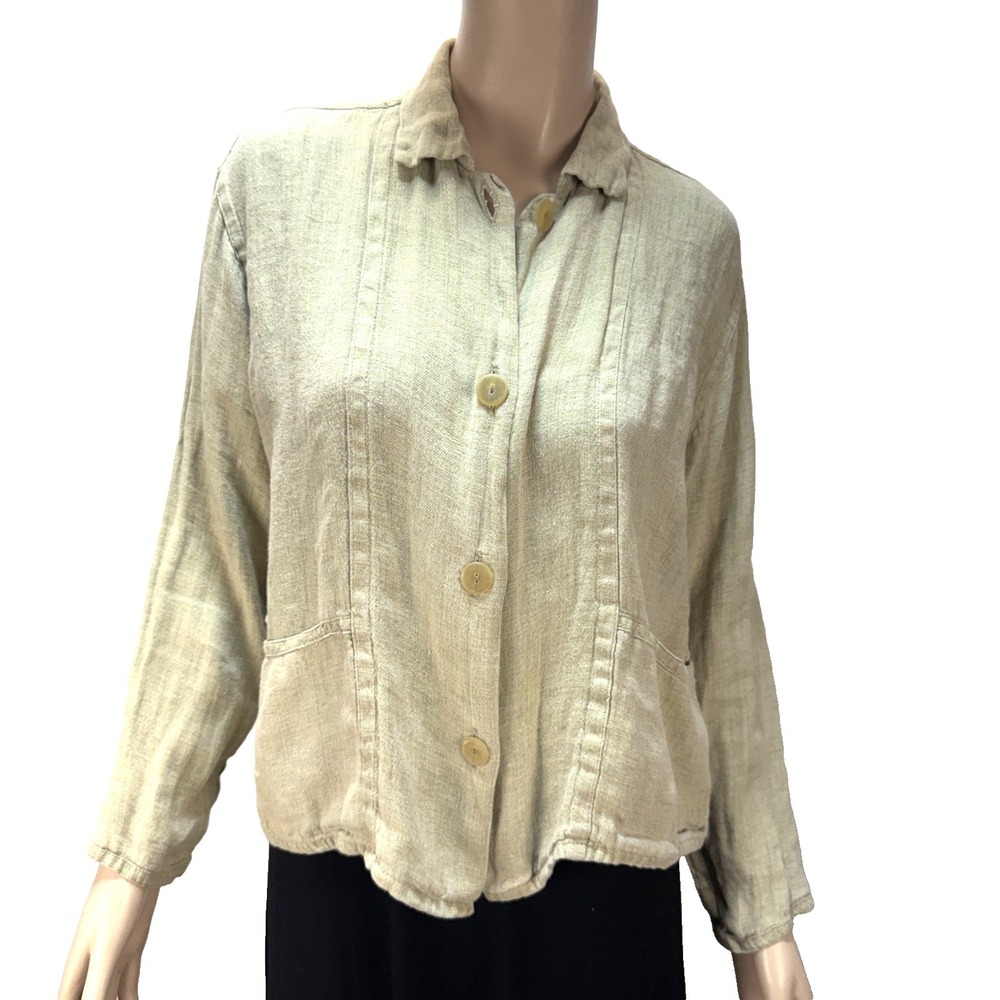 Flax Natural Beige Linen Button Up Cropped Jacket Size S Pure Linen Pockets